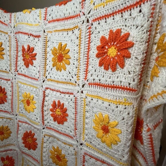 Vtg Sunflower Granny Square Crochet Afghan Blanket/Throw 70s Unique Rustic 58x76 - Picture 3 of 9